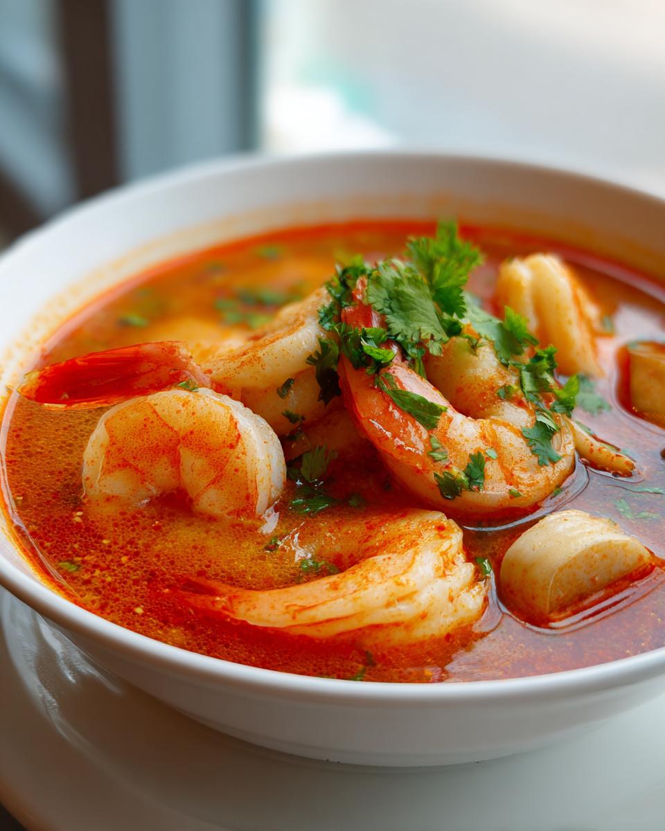 Close-up of a white bowl filled with bright orange-red tom yum soup featuring large shrimp and fresh cilantro.