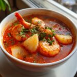 Close-up of a white bowl filled with bright red tom yum soup, featuring large shrimp and pieces of galangal, garnished with cilantro.