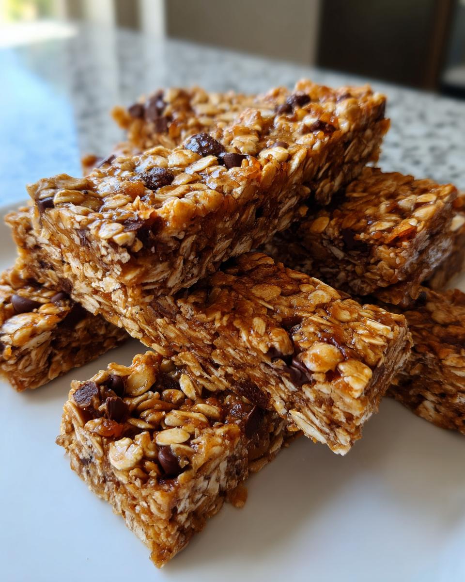 Close-up of a stack of chewy no bake granola bars featuring oats and visible chocolate chips.