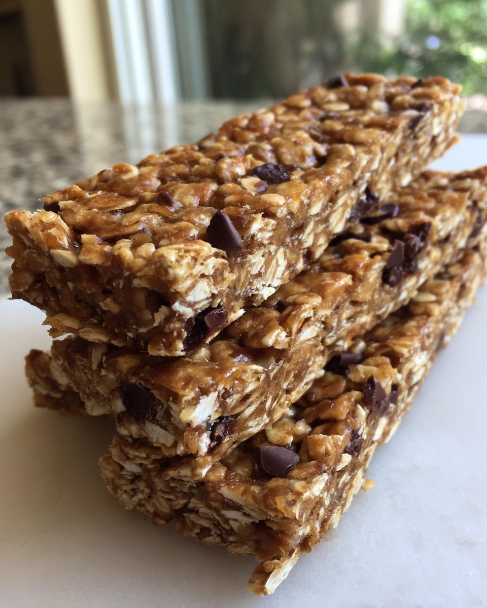 Close-up of a stack of three chewy no bake granola bars packed with oats and chocolate chips.