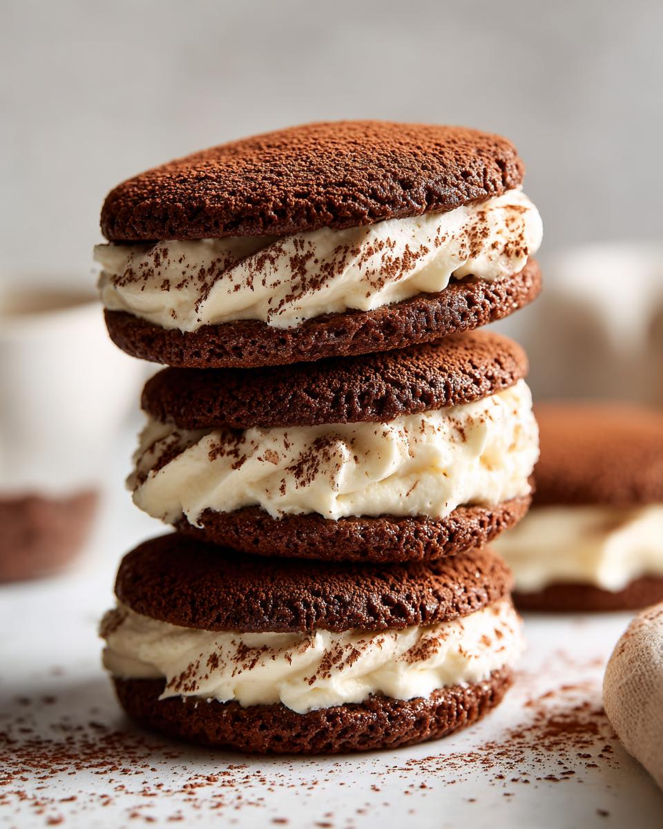A stack of three rich, dark chocolate tiramisu cookies filled with creamy mascarpone filling and dusted with cocoa powder.
