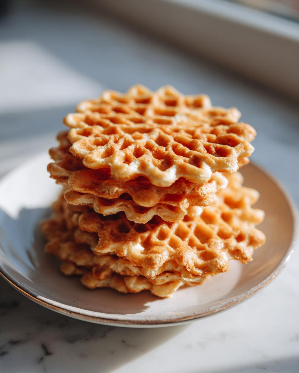 A close-up stack of freshly made, golden brown pizzelle cookies resting on a small ceramic plate.