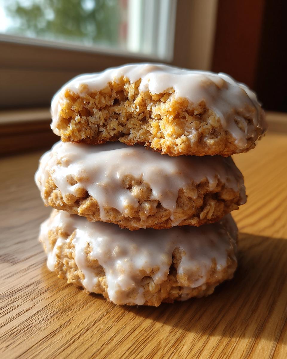 Three stacked iced oatmeal cookies on a wooden surface, with the top cookie showing a bite taken out revealing the soft texture.