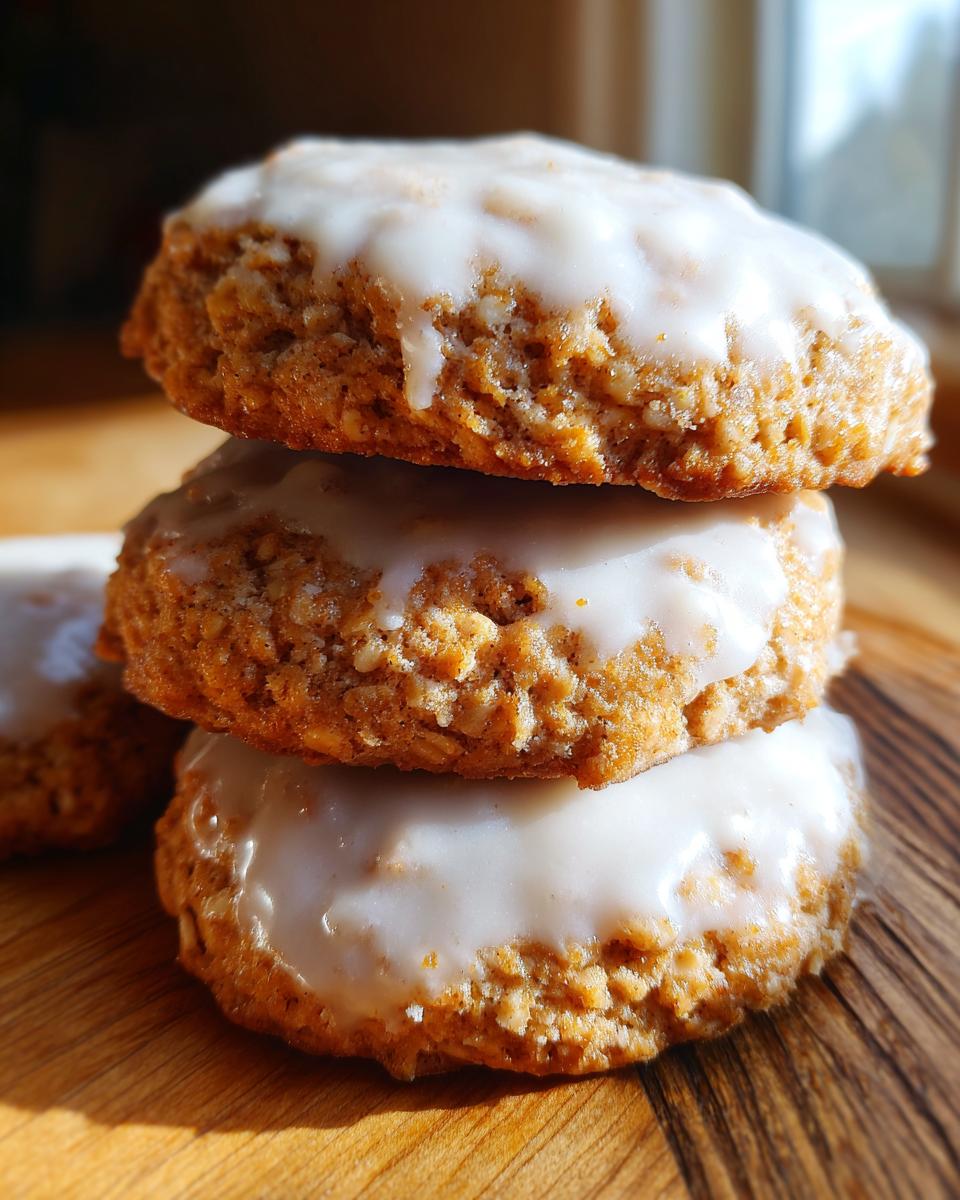 A close-up stack of three soft iced oatmeal cookies with thick white glaze on a wooden surface.