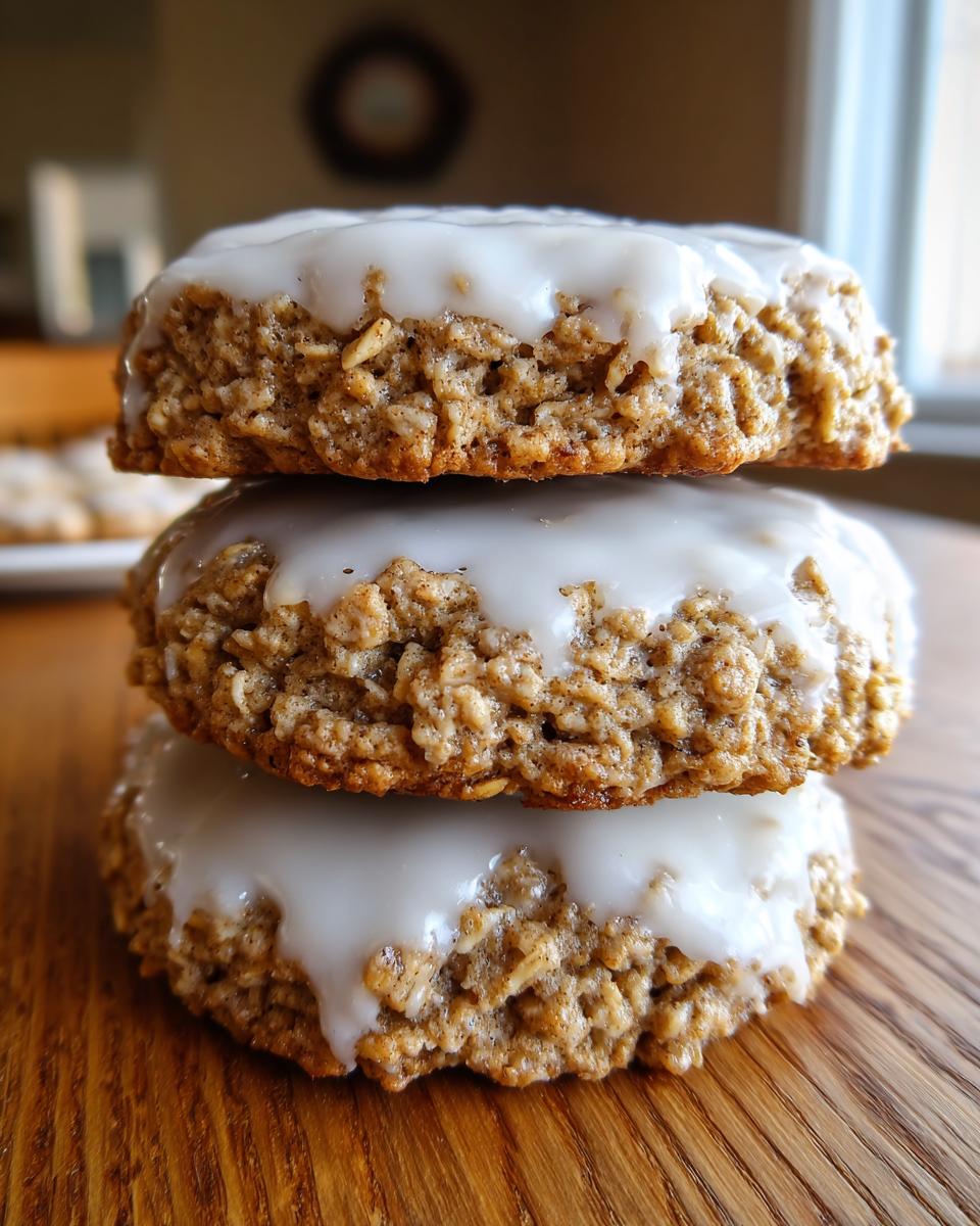 A vertical stack of three chewy iced oatmeal cookies topped with thick white vanilla glaze.