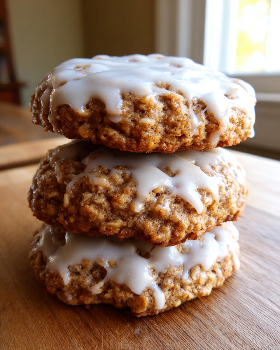 A stack of three soft, thick iced oatmeal cookies topped with a generous white vanilla glaze.