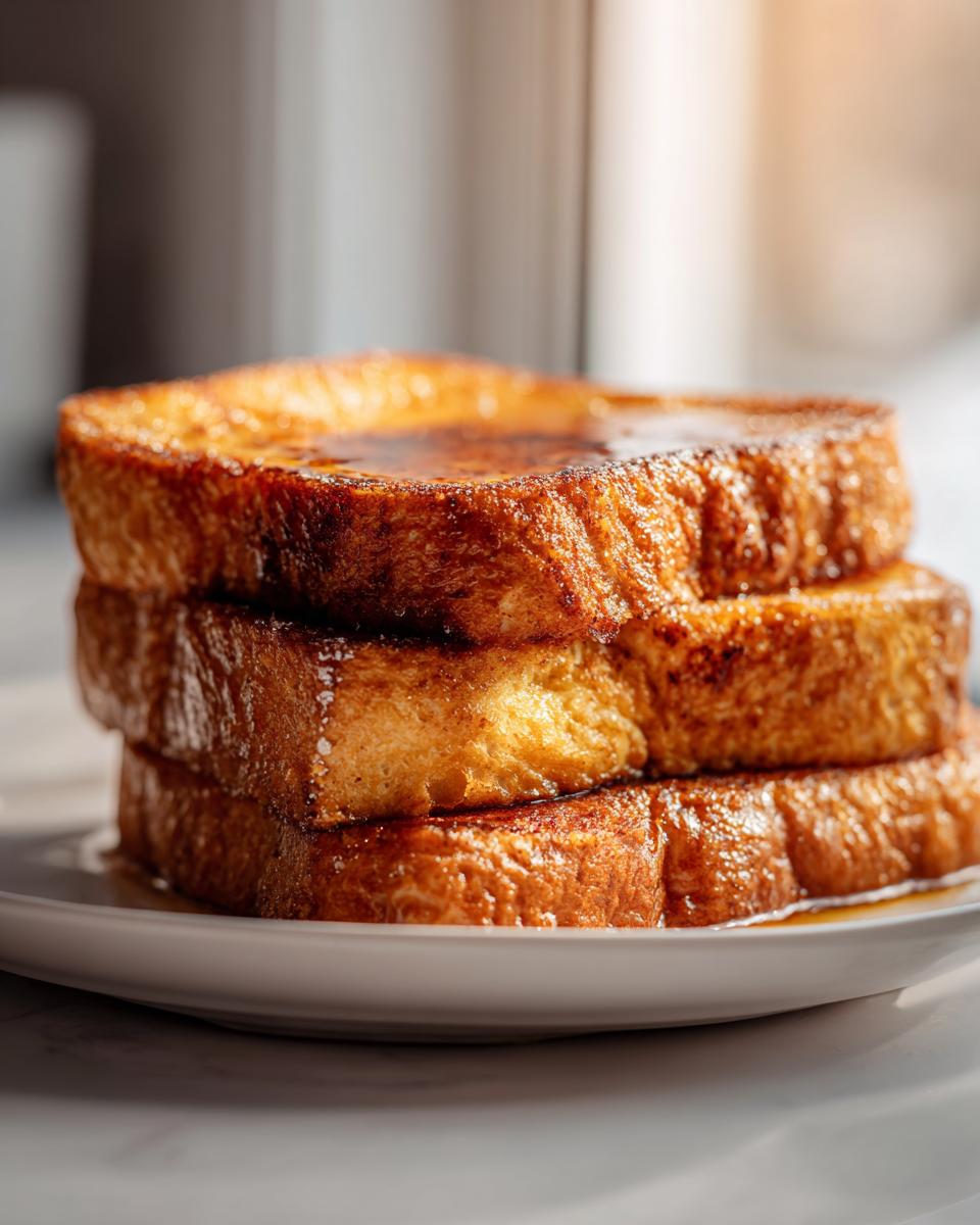 A close-up stack of three thick slices of golden brown french toast drizzled with syrup.