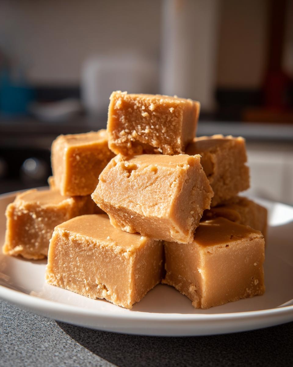 A close-up stack of rich, light brown penuche fudge squares resting on a white plate.