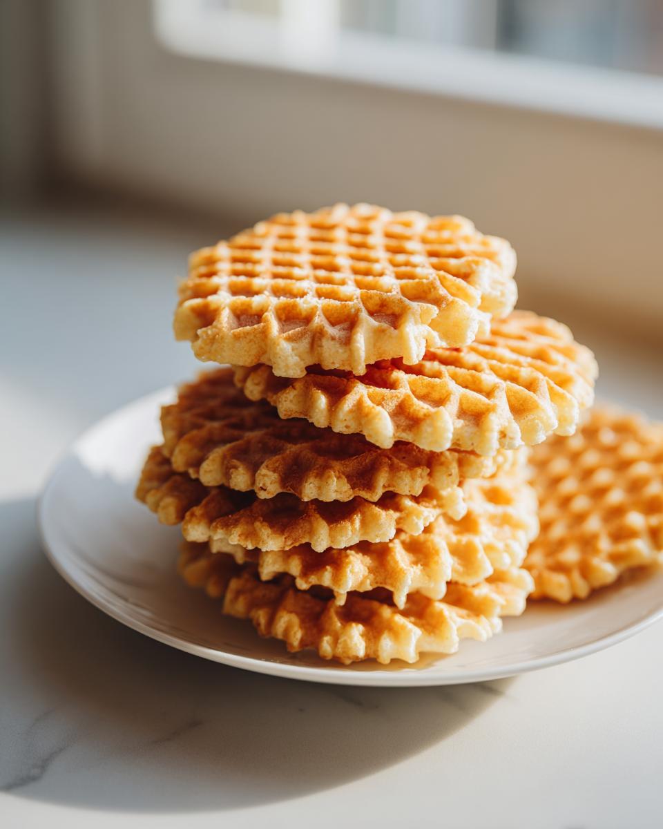 A stack of freshly made, golden brown pizzelle cookies with a distinct waffle pattern, resting on a white plate.