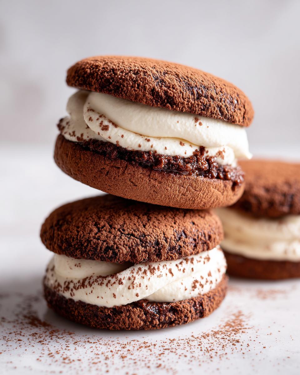 Two stacked chocolate tiramisu cookies filled with thick, creamy mascarpone filling and dusted with cocoa powder.