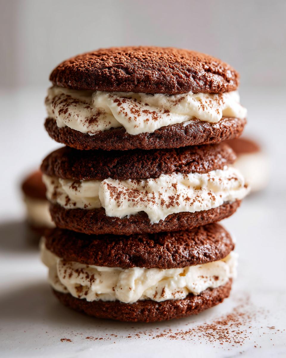 A vertical stack of three decadent tiramisu cookies, featuring dark chocolate wafers and thick mascarpone cream filling dusted with cocoa.