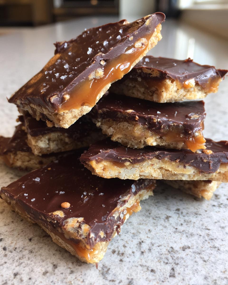 Close-up of stacked pieces of graham cracker toffee topped with melted chocolate and flaky sea salt.