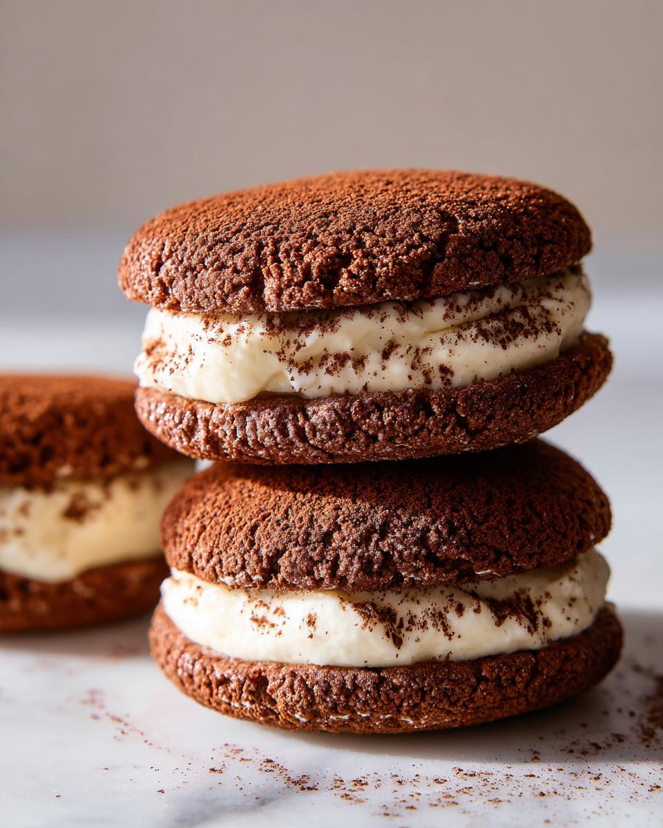 Two stacked chocolate tiramisu cookies filled with creamy mascarpone filling and dusted with cocoa powder.