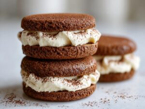 Close-up of stacked chocolate tiramisu cookies filled with creamy mascarpone and dusted with cocoa powder.