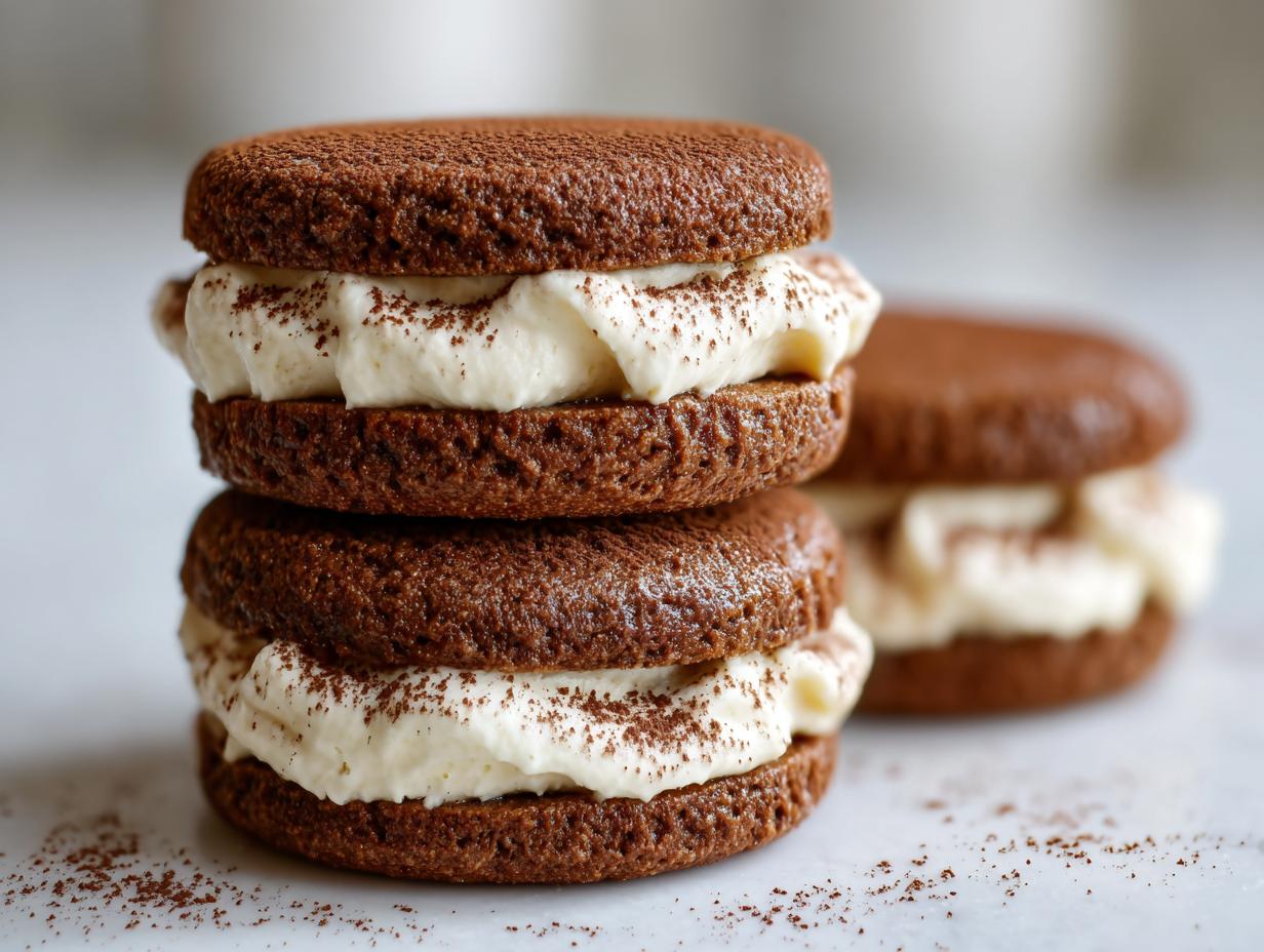 Close-up of stacked chocolate tiramisu cookies filled with creamy mascarpone and dusted with cocoa powder.