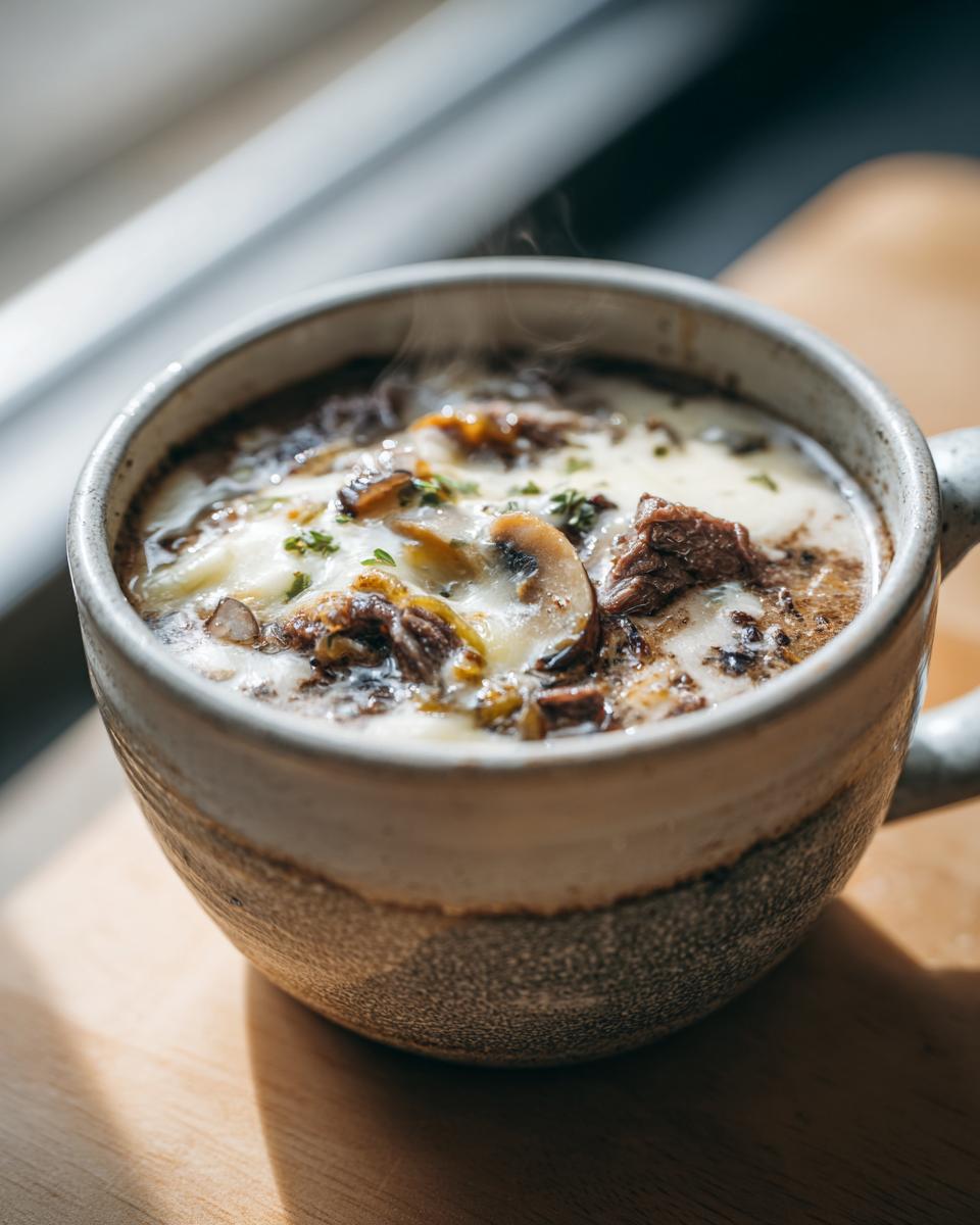 Close-up of a steaming mug filled with rich philly cheese steak soup, topped with melted cheese, mushrooms, and beef chunks.