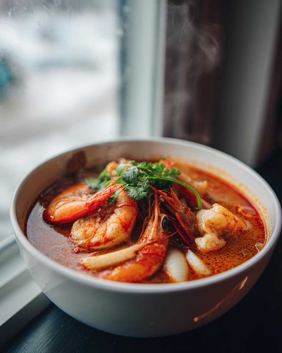 Close-up of a steaming white bowl filled with vibrant red Tom Yum soup, featuring large cooked shrimp and fresh cilantro garnish.