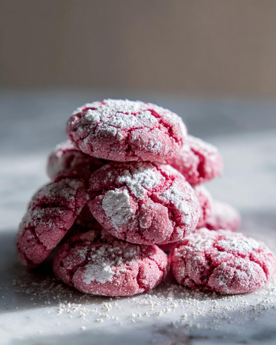 A stack of bright pink strawberry cake mix cookies heavily coated in cracked powdered sugar.