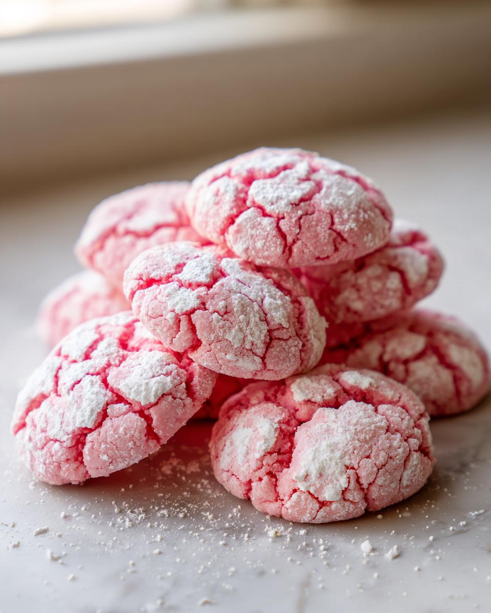 A stack of bright pink strawberry cake mix cookies covered in powdered sugar crinkles.