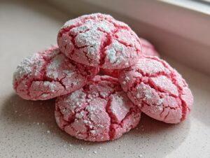 A stack of bright pink, crinkled strawberry cake mix cookies dusted heavily with powdered sugar.