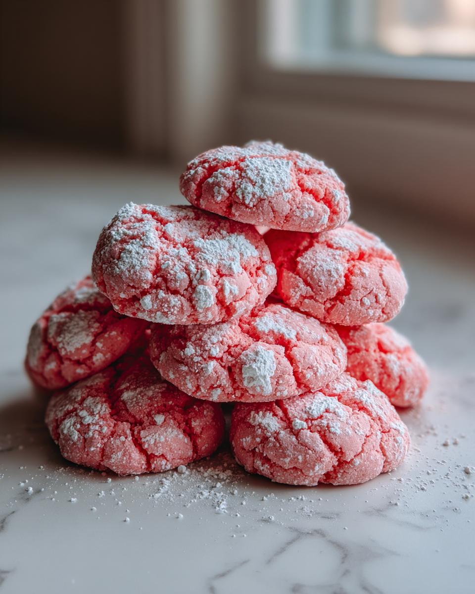 A stack of bright pink strawberry cake mix cookies heavily coated in cracked powdered sugar.