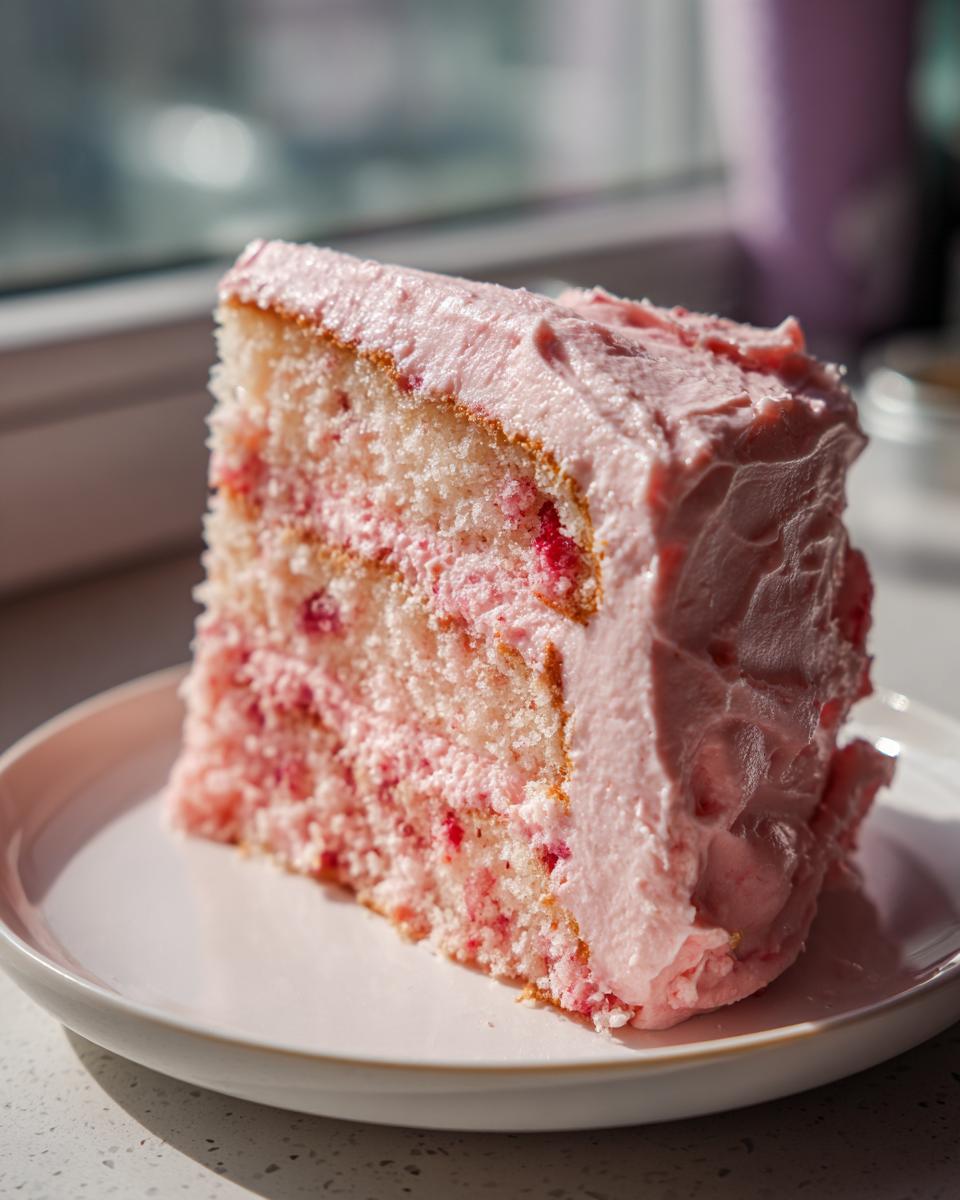A generous slice of moist strawberry cake with visible fruit pieces and thick pink strawberry frosting.