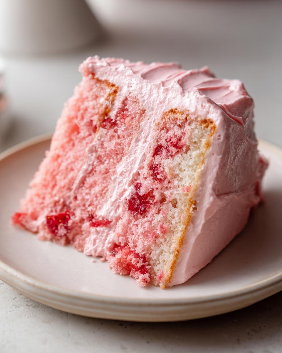 Close-up of a moist slice of strawberry cake with visible fruit pieces and thick pink strawberry frosting.
