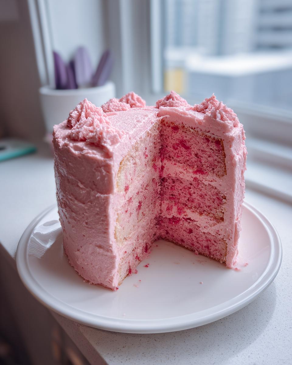 A slice cut from a pink frosted strawberry cake, revealing moist layers inside.