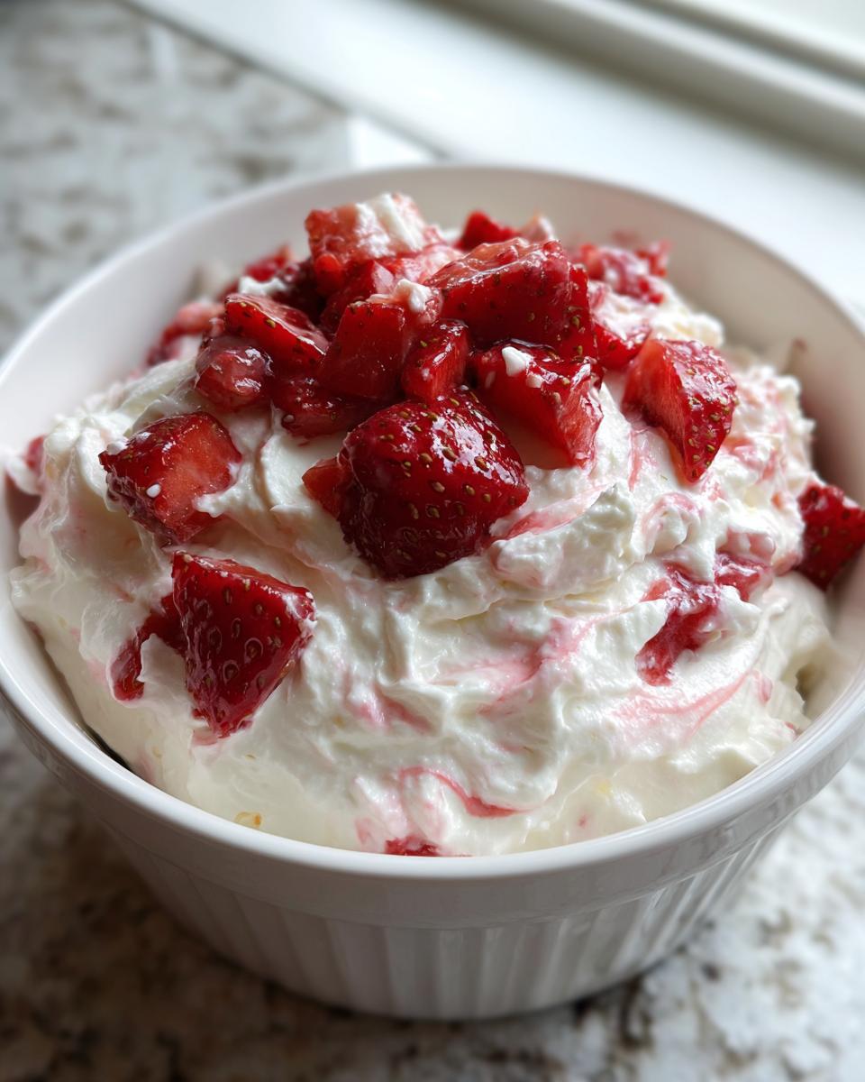 Close-up of a white bowl filled with creamy strawberry cheesecake dip topped with fresh, macerated strawberries.