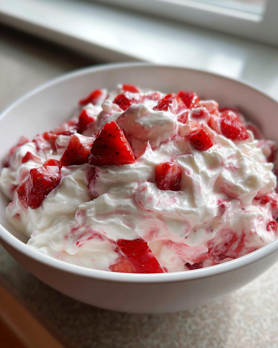Close-up of a white bowl filled with creamy strawberry cheesecake dip, swirled with fresh, chopped strawberries.