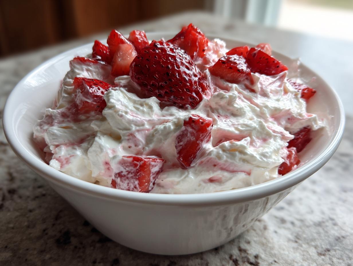 A white bowl filled with creamy, fluffy strawberry cheesecake dip topped with fresh, chopped strawberries.