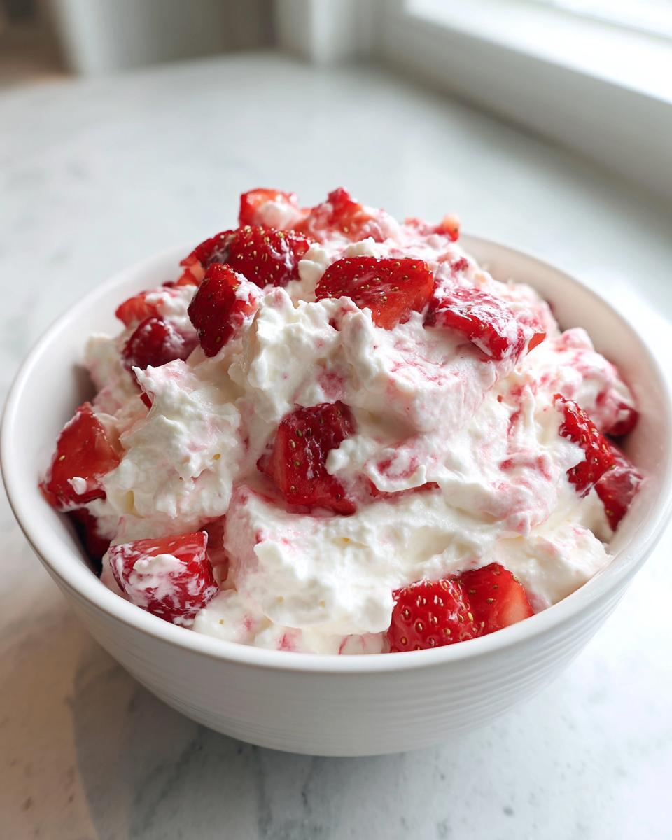 Close-up of a white bowl filled with creamy strawberry cheesecake dip topped generously with chopped fresh strawberries.