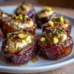 Close-up of glossy, dark brown stuffed dates filled with creamy cheese and topped with chopped pistachios and a drizzle of honey.