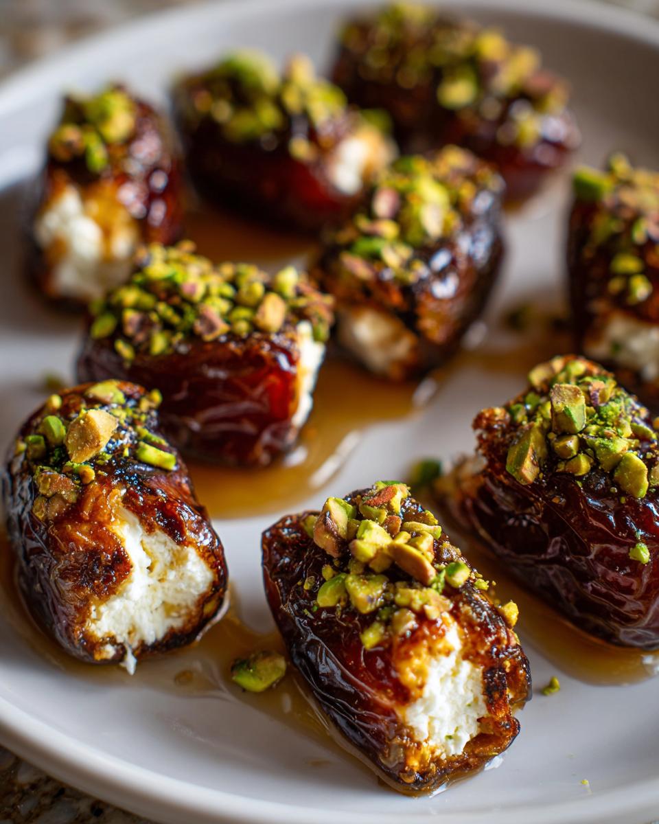 Close-up of delicious stuffed dates filled with creamy white cheese and topped with chopped green pistachios.