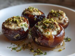 Four glossy, dark brown stuffed dates filled with creamy cheese and topped generously with crushed green pistachios.