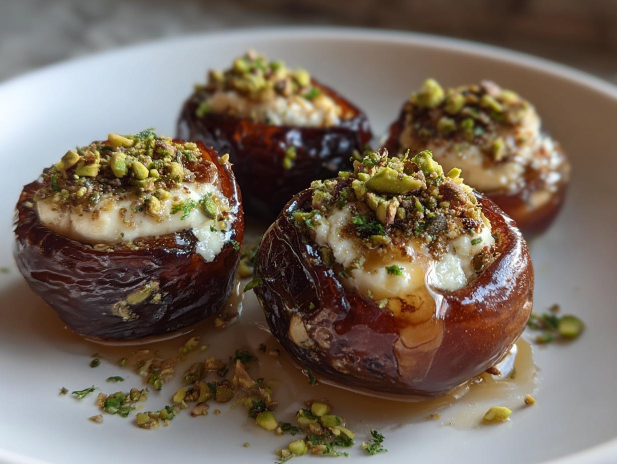 Four glossy, dark brown stuffed dates filled with creamy cheese and topped generously with crushed green pistachios.