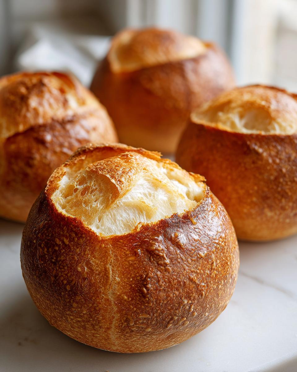 Close-up of four freshly baked, sturdy bread bowls with golden-brown crusts and tops cut open.