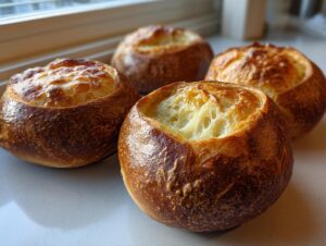 Four golden-brown, sturdy bread bowls with hollowed-out tops, perfect for soup or stew.