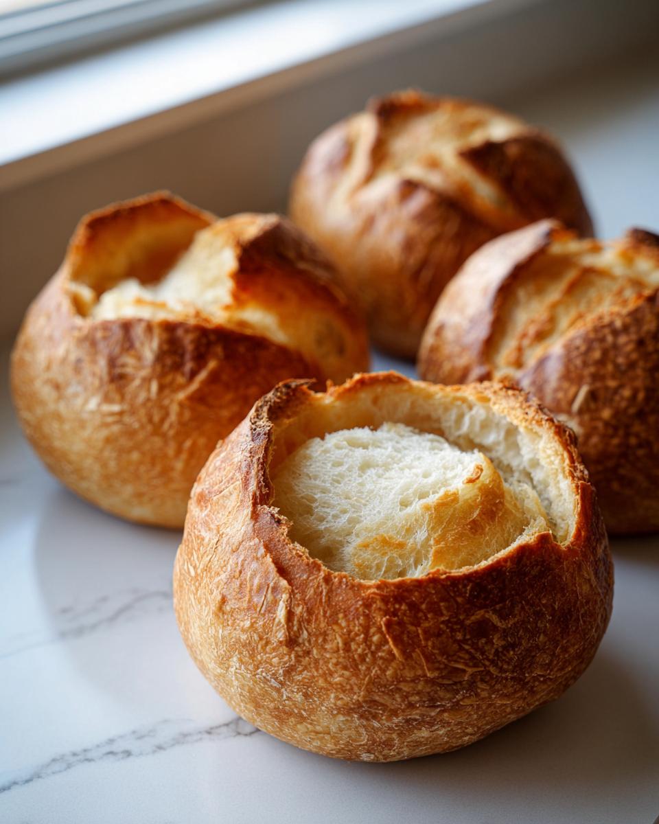 Four freshly baked, golden-brown bread bowls with their tops cut open, sitting on a white marble surface.