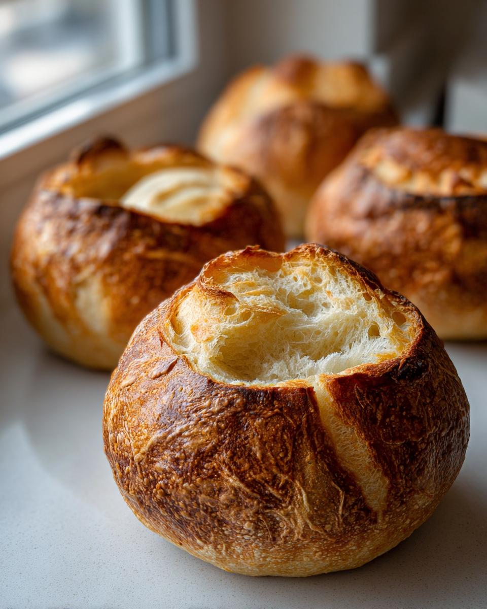 Close-up of a freshly baked, sturdy bread bowl with a golden-brown crust and the top cut open to show the airy interior.