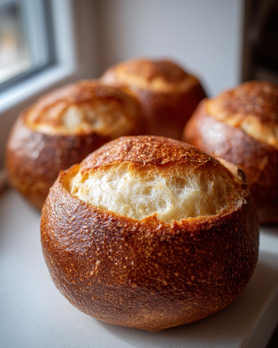 Close-up of four freshly baked, sturdy bread bowls with golden-brown, textured crusts, ready to be filled.