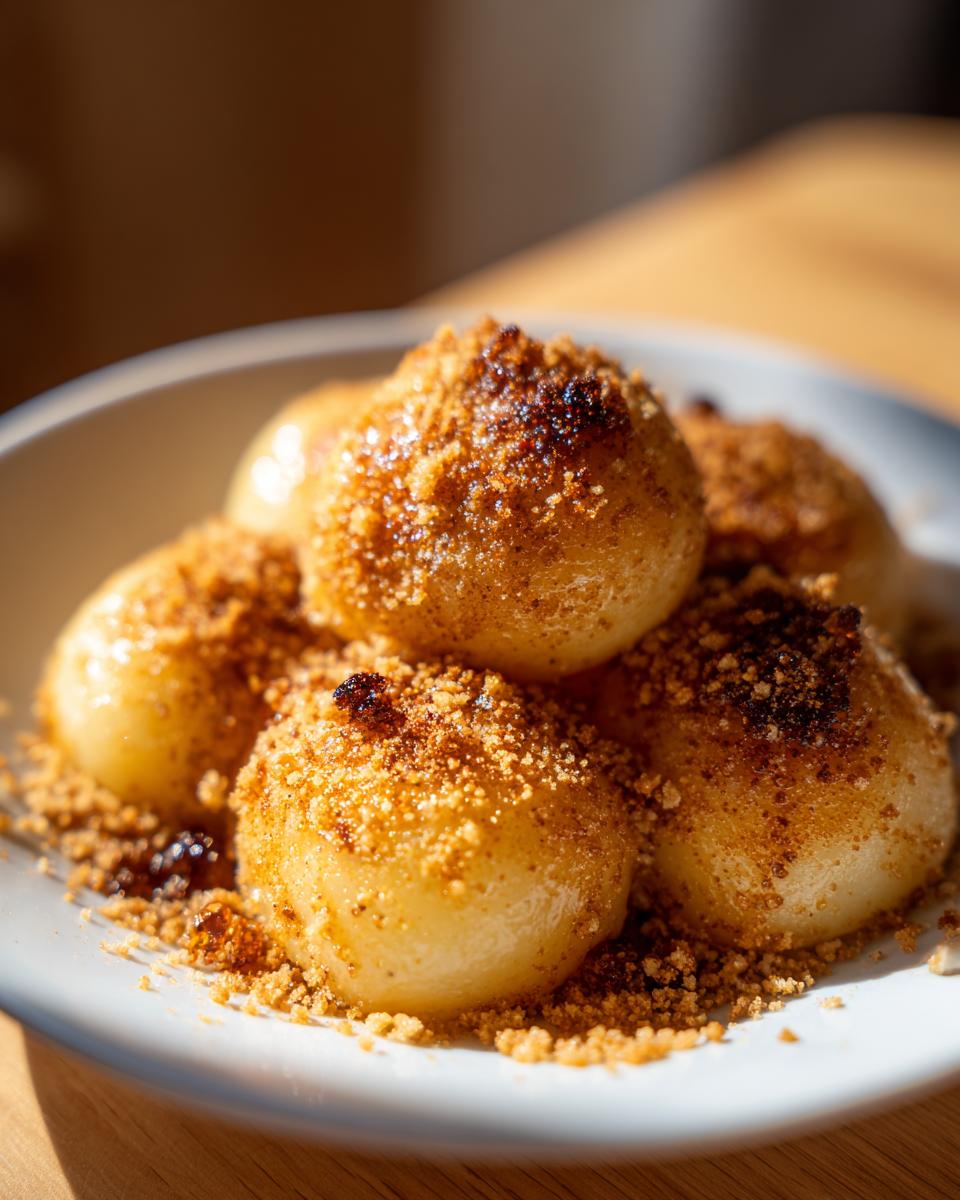 Close-up of sweet potato dumplings coated in toasted brown sugar crumble, served in a white bowl.