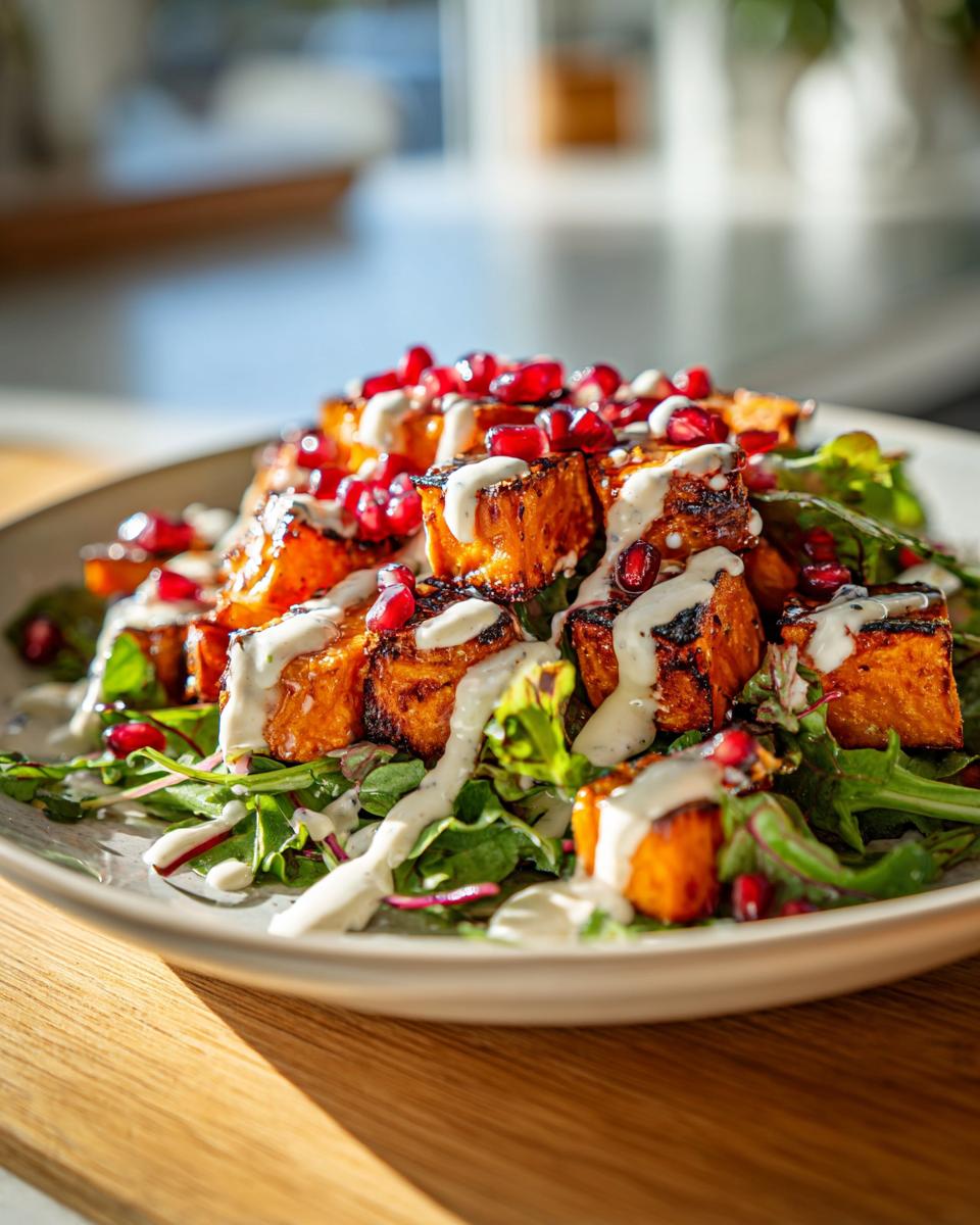 A vibrant close-up of a healthy sweet potato salad featuring roasted cubes, leafy greens, creamy dressing, and bright pomegranate seeds.