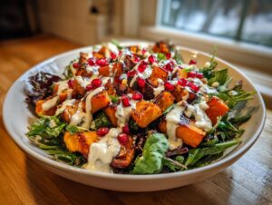 A white bowl filled with vibrant sweet potato salad featuring roasted sweet potato cubes, greens, pomegranate seeds, and a white dressing.