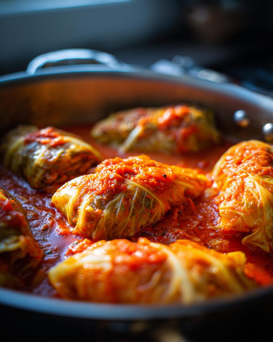 Close-up of several tender cabbage rolls simmering in a rich, bright red tomato sauce inside a stainless steel pan.