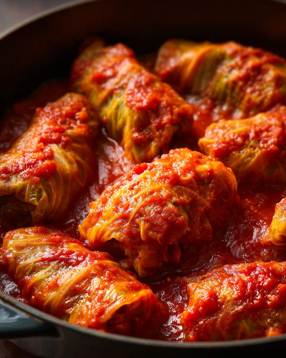 Close-up of several tender cabbage rolls simmering in a rich, thick tomato sauce in a dark pot.