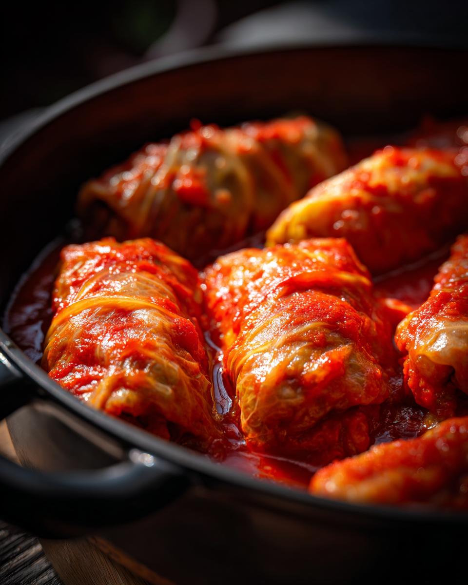 Close-up of tender cabbage rolls simmering in a rich, bright red tomato sauce inside a dark cooking pot.
