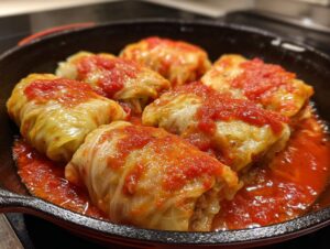 Close-up of several tender cabbage rolls topped with rich tomato sauce, simmering in a dark cast iron skillet.