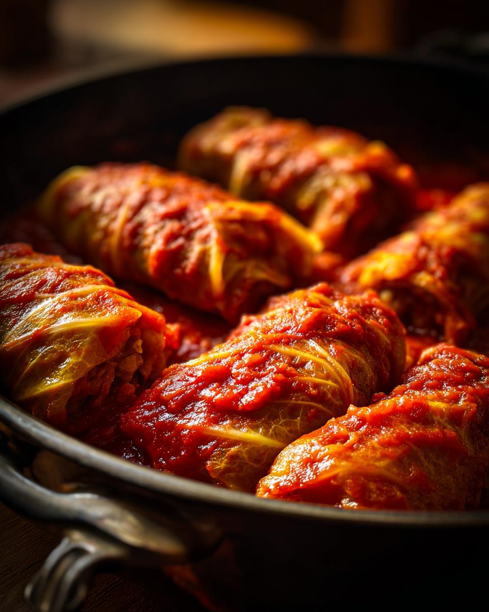 Close-up of several tender cabbage rolls simmering in a rich, thick tomato sauce in a dark pan.