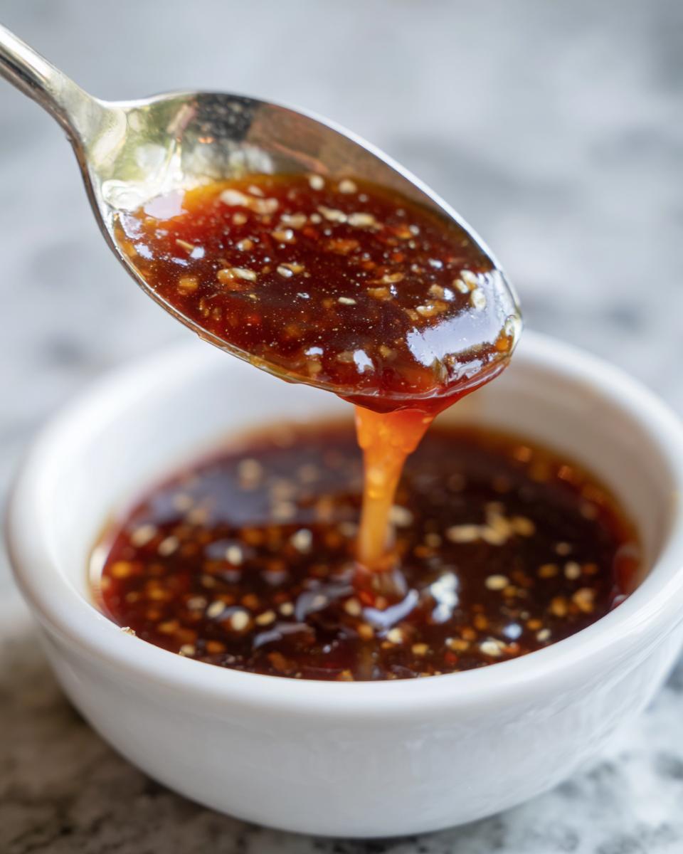 A spoonful of thick, glossy teriyaki sauce containing sesame seeds is dripping back into a small white bowl.